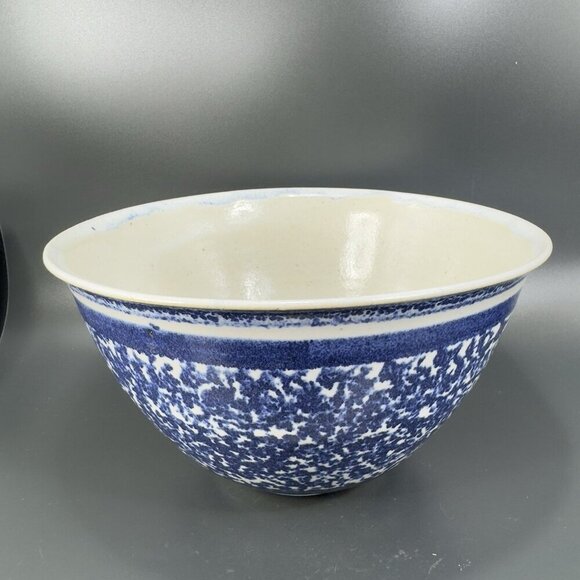 Vintage Hand Made Stoneware Pottery Dish Bowl Hand Glazed Blue Sponge ware Bowl - Picture 14 of 15